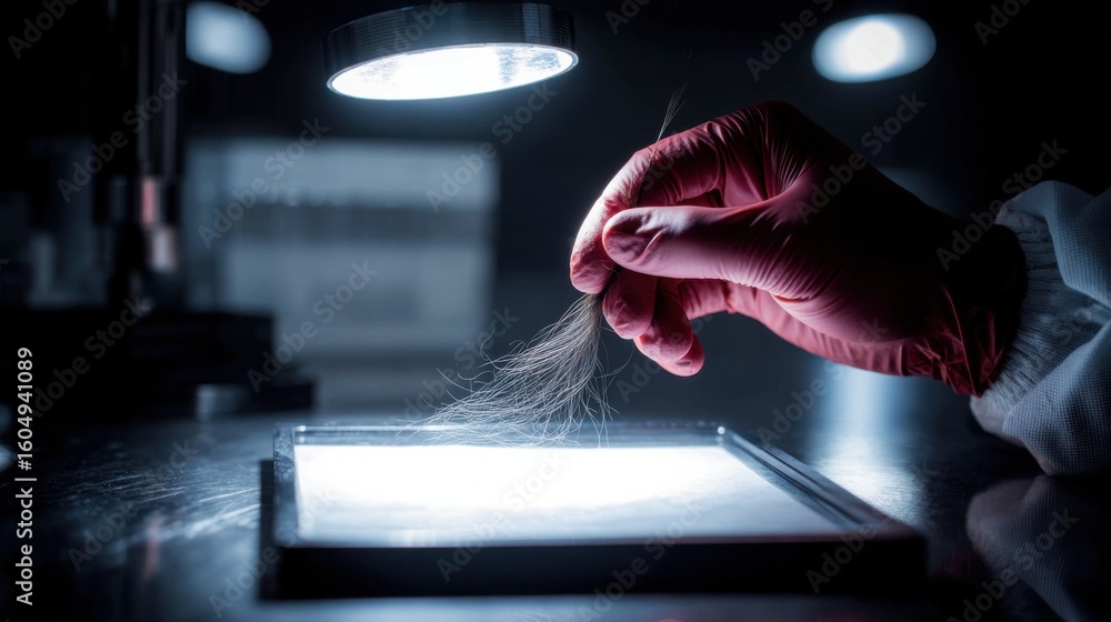 Poster detail-oriented forensic investigation in a dark lab examining hair sample under a focused light
