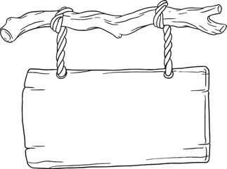 A black and white line art illustration featuring a blank wooden sign board hanging from a natural tree branch with ropes. Perfect for rustic, natural, or outdoor-themed designs.