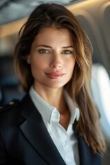 Fototapeta premium A close-up portrait of an elegant businesswoman in a black blazer. Her confident smile and striking green eyes project success and professionalism, possibly during business travel