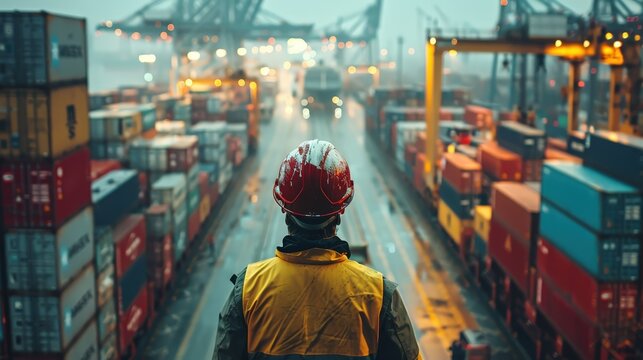 A worker in an orange hard hat and safety vest is seen from behind, overlooking a vast port with shipping containers and cranes, symbolizing global logistics and trade