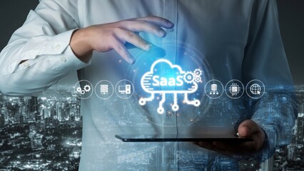 Visual representation of SaaS showing infrastructure, SaaS deployment, SaaS platform features, and...
