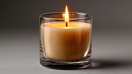 Lit candle in a clear glass jar.