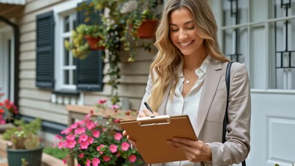 Smiling professional woman with clipboard standing outside a house, surrounded by plants and flowers.