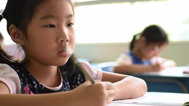 Young girl concentrating on schoolwork