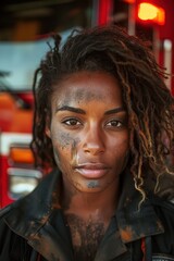 Obraz premium A powerful portrait of a confident Black female firefighter with braided hair. Her face is smudged with soot, and she has a direct, determined gaze, standing in front of a fire truck