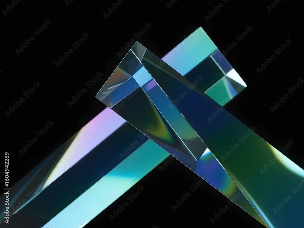 Poster abstract composition featuring two intersecting glass prisms with iridescent reflections against a s