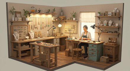 Workshop with woman crafting jewelry at wooden workbench indoors  