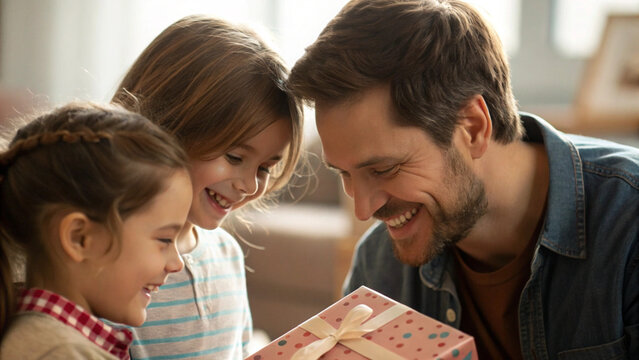 A smiling father receives a gift from his two daughters in a brightly lit indoor setting at home