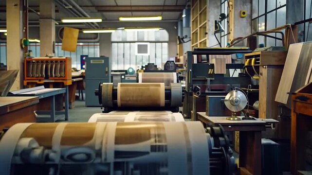The worker inspects freshly printed sheets in a lively printing house filled with machinery and stacks of paper	