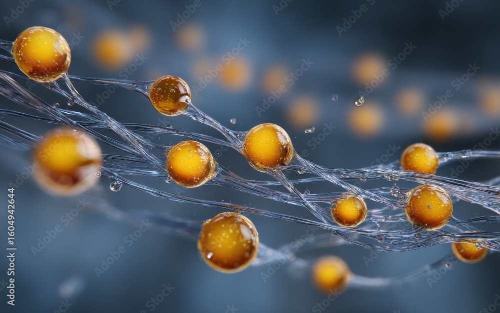 Poster bubbles and droplets interact in a dynamic display of movement and fluidity in a scientific setting