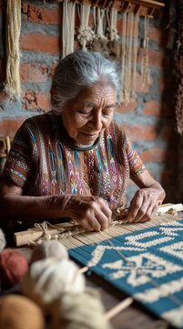 Elderly woman skillfully weaves a traditional Zapotec pattern using natural fibers in a cozy workshop