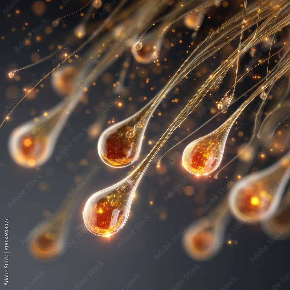Poster delicate golden droplets suspended in midair create a mesmerizing visual display in a softly illumin