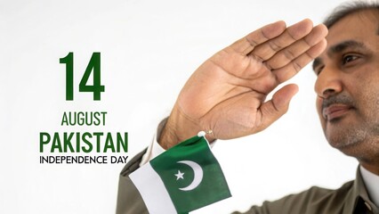 A proud man salutes on Pakistan Independence Day holding the flag with honor and clean white
