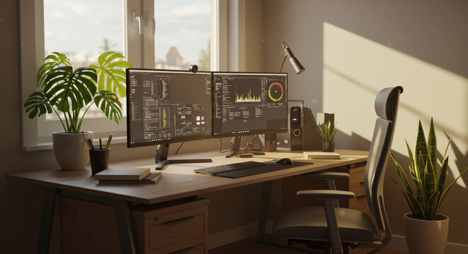 Modern home office workspace with dual monitors and plants  