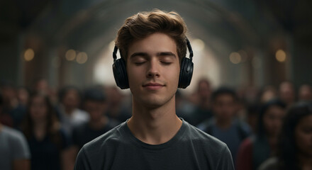 Fototapeta premium Young man meditating with headphones in a crowd indoors 