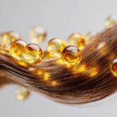Fototapeta premium Golden oil capsules dancing in shiny strands of hair against a soft background in a beauty display