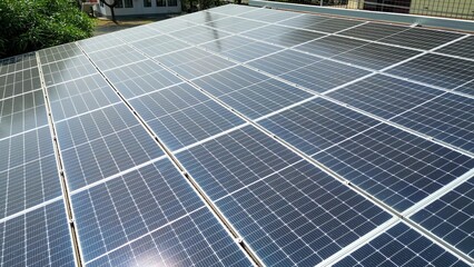 Aerial  view of solar panels on a roof.