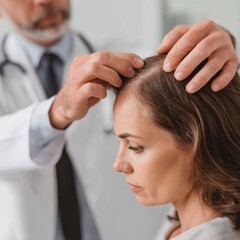 Naklejka premium A doctor diagnosing a female patient with pattern hair loss .Doctor examines woman’s scalp for health conditions in clinical setting during a routine check-up appointment