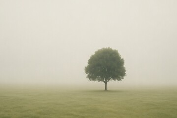 Solitary Tree in the Mist: A lone tree stands majestically in a vast, misty field, its branches reaching towards the sky as a testament to nature's resilience and solitude.