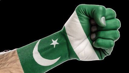 A powerful fist painted with the Pakistan flag shows pride and unity against black background and