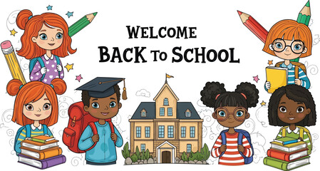 Vector art of a cheerful back to school illustration showcasing diverse children with books and backpacks in front of a school building, welcoming students to a new year of learning