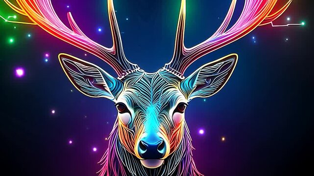 Vibrant neon deer antlers glowing against dark background in a colorful display	