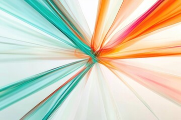 Abstract art featuring radiating, translucent teal, orange, and pink lines converging at the center.