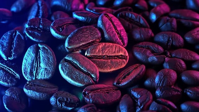 Vibrant neon coffee beans illuminated in shades of blue and pink create a stunning visual