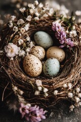 Obraz premium Easter Eggs in a Birds Nest with Flowers.