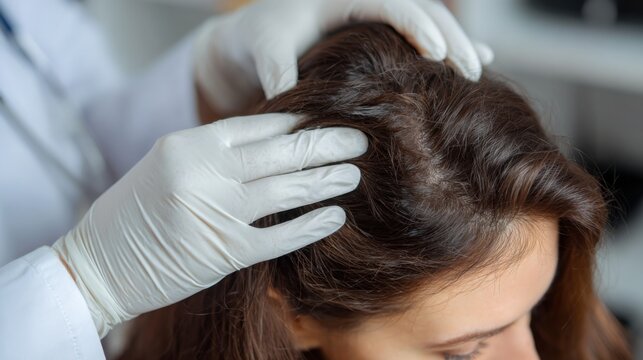 Expert examining scalp for hair health issues during consultation session in clinic