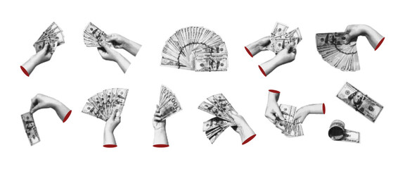 Trendy money concept halftones collage. Business hands holding 100 dollar bills of saving, saving, collecting. Retro illustration on financial theme on transparent background. 