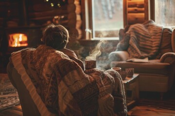 Obraz premium Person seated in a log cabin armchair, wrapped in a blanket, holding a steaming mug, fireplace and winter scenery visible.