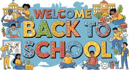Vector art of a vibrant illustration celebrates back to school with diverse students learning and engaging in educational activities against a cityscape isolated on white background