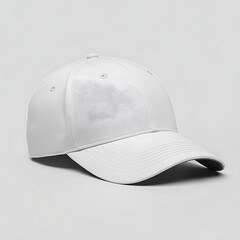  Mockup image of a white baseball cap placed on a plain light gray background. 