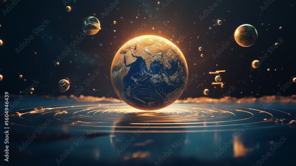 Poster earth planet is floating in space, illuminated by a warm light, reflecting on a water surface with c