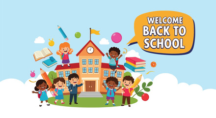 Naklejka premium Vector art of a cheerful illustration of children welcoming back to school in front of their school building on a sunny day