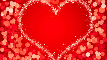 A large, glossy red heart in the center of a soft red background, surrounded by many small sparkling golden hearts floating or scattered around. Light glimmers on the golden hearts 