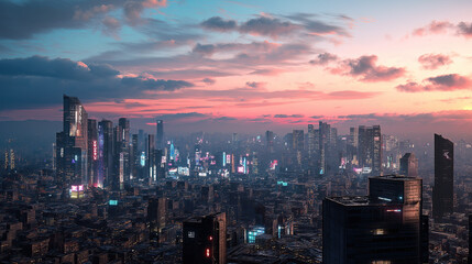Fototapeta premium Rooftop view of a futuristic city during sunset, glowing skyline, ultra detail
