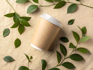 Eco-Friendly Kraft Paper Coffee Cup: Sustainable Disposable Takeaway with Green Leaves, Mockup