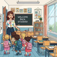 A happy teacher welcomes students back to the classroom. Blackboard, desks, books, and classroom decor in modern flat illustration style