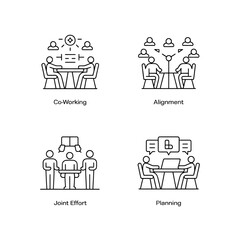 Modern outline icon collection representing office cooperation and team productivity. Includes icons of group discussion, goal setting, partnership, planning, task sharing. Ideal for infographics and 