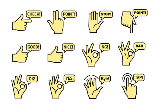 Hand gestures with speech bubbles conveying different messages - Powered by Adobe