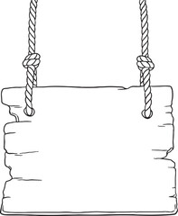 A black and white line art illustration of a blank wooden sign board with a rustic, irregular edge, hanging from two ropes with knots. Ideal for natural, vintage, or handcrafted themes.