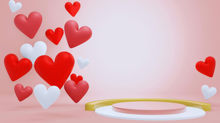 Scattered red and white hearts floating or gently falling on a soft, light pastel or white background. Romantic bokeh or light sparkles add depth and warmth. Perfect for Valentine's Day.