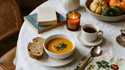 Cozy Autumnal Still Life: Pumpkin Soup, Bread, Candle, and Pumpkins on Table