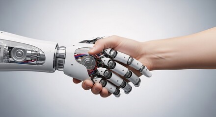 A human hand and a robotic hand engaged in a handshake, symbolizing future collaboration and technological integration on a neutral background.