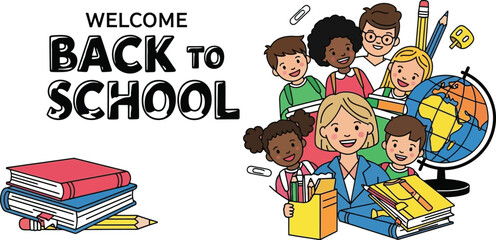 Vector art of a group of diverse students and a teacher are excited to welcome everyone back to school, with books and a globe adding to the educational theme