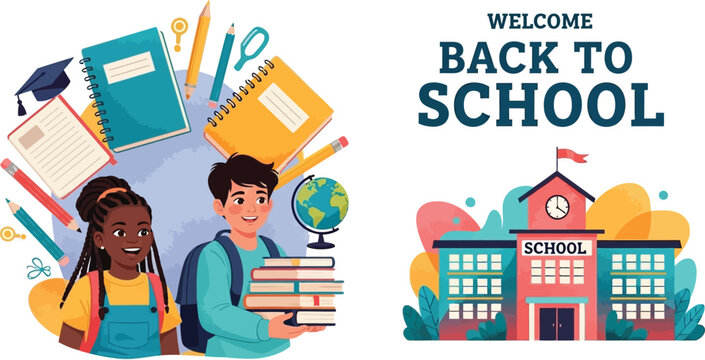 Vector art of a cheerful illustration welcomes students back to school, featuring diverse children, school supplies, and a school building, symbolizing the joy of learning and education
