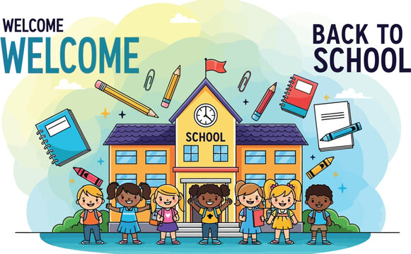 Vector art of a vibrant cartoon illustration welcomes students back to school, depicting a diverse group of children in front of a school building with floating school supplies
