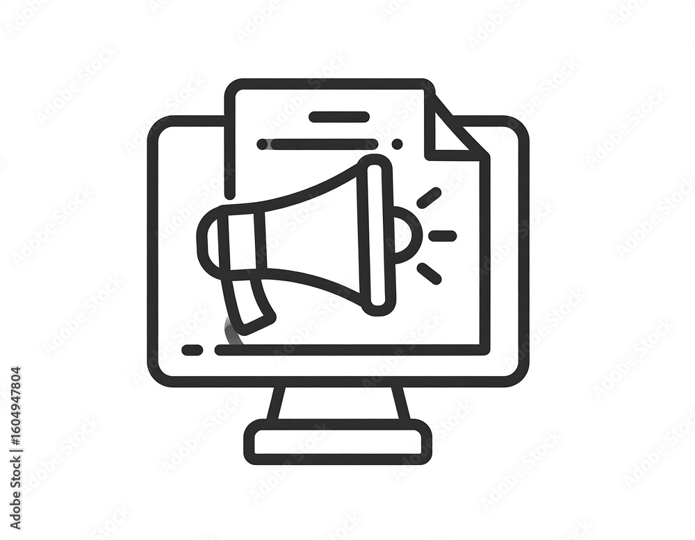 Fototapete Simple icon of a computer monitor displaying a document and a megaphone